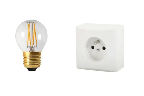 Ampoule LED et prise murale blanche. Idéal pour comprendre comment brancher plusieurs lampes sur une seule arrivée électrique.