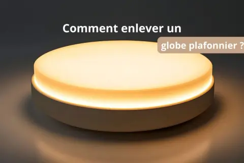 Un luminaire rond et blanc diffuse une lumière chaude. Le texte "Comment enlever un globe plafonnier ?" apparaît.
