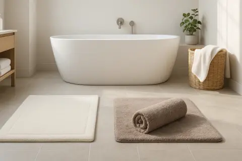 Salle de bain moderne avec baignoire. Deux tapis de bain, un beige roulé, un blanc. Apprenez comment laver un tapis de bain pour une propreté impeccable.