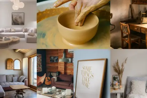 Mise en scène de pièces chaleureuses et artisanales, évoquant le **slow design**. Un atelier de potier, un salon cosy, une chambre paisible.