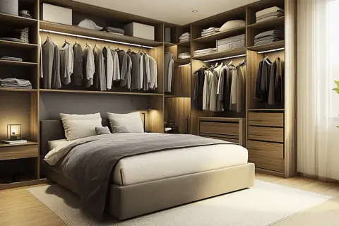 Chambre moderne avec dressing intégré, lit douillet et rangements optimisés.