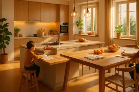 Enfant lisant à côté d'un îlot de cuisine moderne, table en bois avec des fruits et des livres.