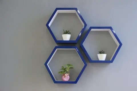 Comment disposer 3 étagères murales hexagonales bleues avec des plantes vertes sur un mur gris.