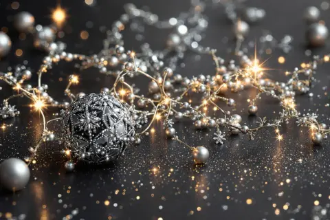 Une guirlande scintillante mêlant perles argentées et touches dorées, avec une boule ornée sur fond sombre. Parfait pour prouver qu'on peut mélanger or et argent en déco.