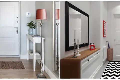 Idées pour aménager une entrée couloir : tapis, console, miroir, lampadaire et porte.