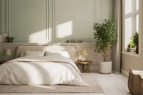 Chambre avec lit blanc, lambris vert pâle et plante verte.