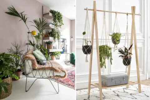 Un coin salon cosy avec un fauteuil confortable et un **jardin d'intérieur appartement** luxuriant. À droite, un portant en bois suspend des plantes en macramé, créant un espace verdoyant.