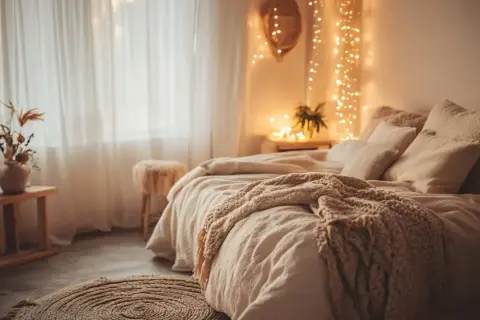 Chambre cosy avec lit douillet, coussins moelleux, plaid en maille et guirlande lumineuse.