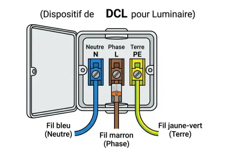 Schéma pour installer boitier DCL : fil bleu (neutre), marron (phase) et jaune-vert (terre) connectés.