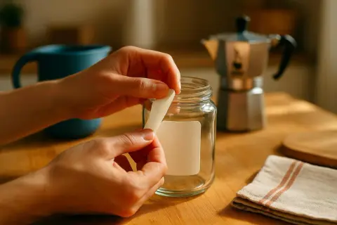 Maintenant, comment enlever de la colle sèche d'une étiquette sur un bocal en verre. Des mains décollent délicatement une étiquette d'un bocal vide.
