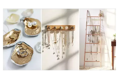 Idées créatives pour comment ranger ses bijoux : coupelles en coquillages dorés, porte-colliers mural, et échelle décorative pour bijoux.