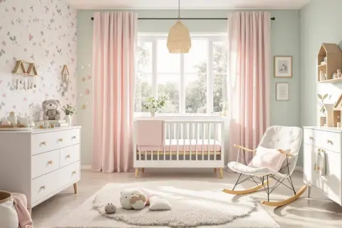 Chambre bébé élégante avec mur fleuri rose poudré, berceau blanc, fauteuil à bascule et commodes.