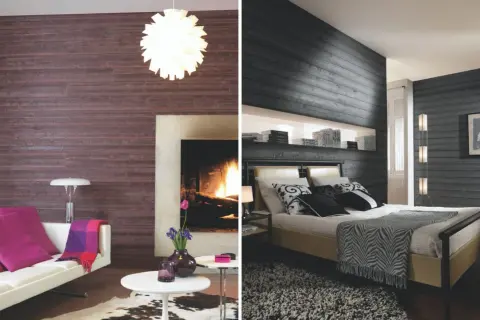 Chambres avec murs lambrissés : une ambiance salon avec cheminée et une chambre moderne avec lit.
