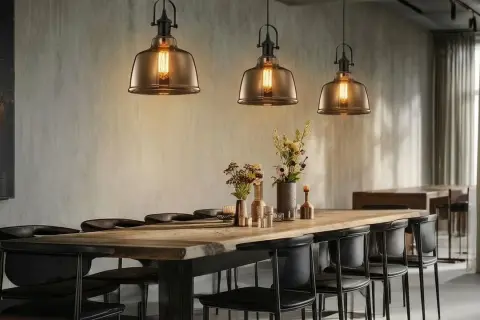 Trois luminaires suspendus de style industriel, parfaits pour fabriquer un luminaire suspendu unique. Ambiance chaleureuse au-dessus d'une table en bois.