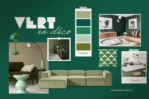 Ambiance douce et apaisante avec des touches de **celadon vert** dans un salon moderne, une cuisine et une palette de couleurs inspirantes.