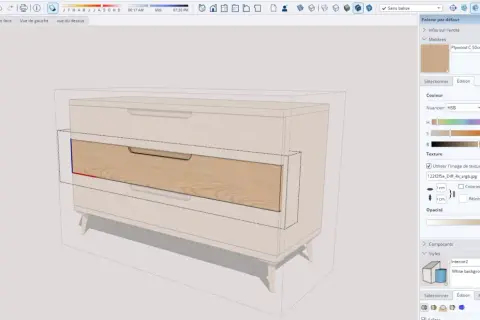 Un dessin meuble 3d d'une commode en bois clair, avec un tiroir texturé. La palette de matériaux et de couleurs est visible à droite.