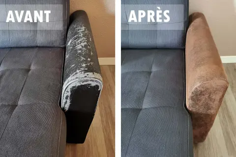 Avant/après : un accoudoir de canapé abîmé est réparé et retrouve une nouvelle jeunesse avec une finition marron.