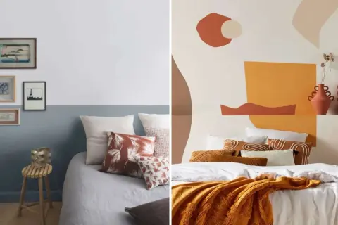 Deux têtes de lit décorées : une avec des cadres et une peinture murale abstraite.