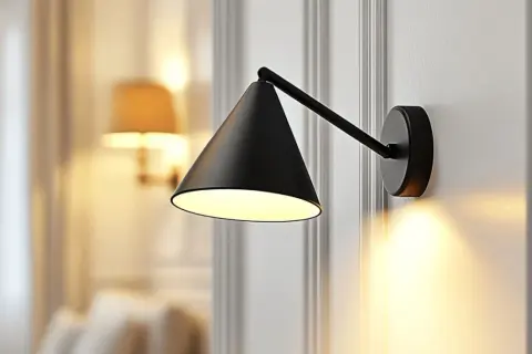 Un élégant point lumineux en applique noir projette une douce lumière sur un mur orné de moulures.