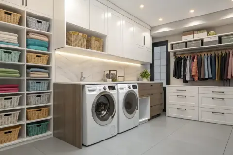 Aménagement buanderie moderne avec lave-linge, sèche-linge, étagères remplies de paniers et de linge plié, et un portant avec des vêtements.