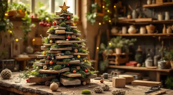 Un sapin de Noël rustique, fait de bois empilé et décoré de mousse et de boules rouges. L'idée de fabriquer un sapin de Noël original prend vie dans cet atelier chaleureux.