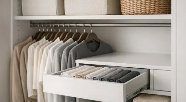 Garde-robe organisée avec vêtements suspendus et tiroir de rangement pour vêtements pliés.