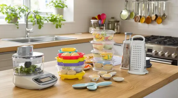 Robot culinaire, râpe et contenants colorés, des outils indispensables en cuisine pour préparer de délicieux repas.