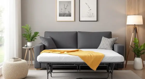 Canapé convertible gris ouvert, révélant son matelas blanc et une couverture jaune. Deux cadres avec des herbes séchées ornent le mur.