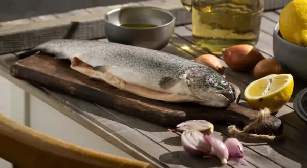 Poisson cru sur planche, citron, oignons et huile. Idéal pour enlever l'odeur de poisson maison.