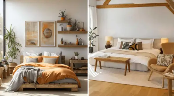 Deux chambres douillettes avec lits confortables, linge de lit orange et gris, et décorations naturelles.