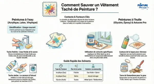 Illustration d'un t-shirt blanc taché de peinture colorée, avec des conseils de nettoyage.