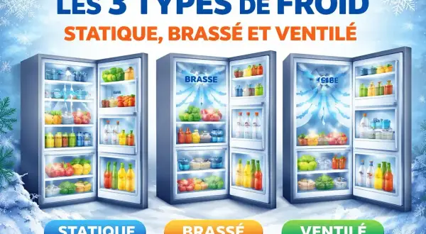 Trois réfrigérateurs ouverts montrant différents types de froid : statique, brassé et ventilé.