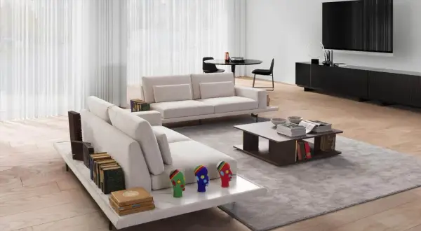 Un salon moderne avec un canapé face à face et une TV. Des livres décorent les accoudoirs et une table basse.