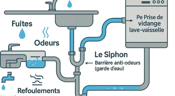 Schéma de raccordement d'un lave-vaisselle montrant fuites, odeurs, refoulements et siphon.
