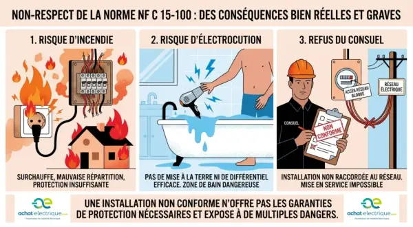 Schéma électrique lumière en série : risque d'incendie, électrocution, refus du consuel. Installation non conforme = dangers.