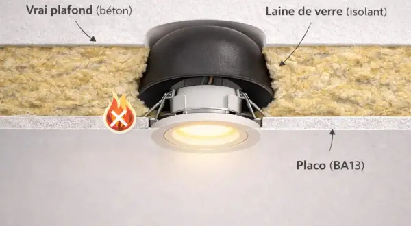 Spot encastré dans un plafond en Placo, avec isolant en laine de verre et un avertissement de danger.