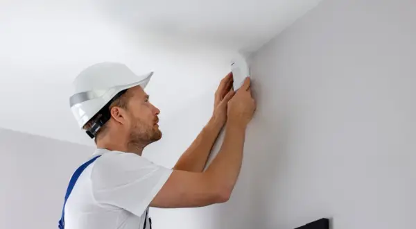 Un technicien installe un détecteur de mouvement 5 fils au coin d'un mur blanc.