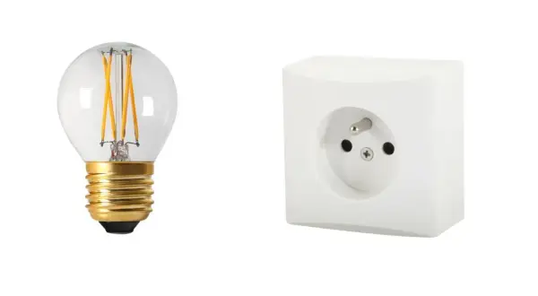 Ampoule LED et prise murale blanche. Idéal pour comprendre comment brancher plusieurs lampes sur une seule arrivée électrique.