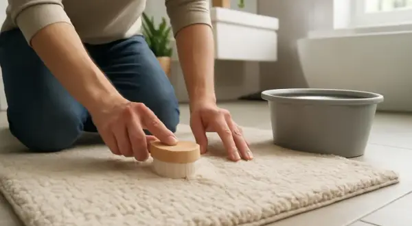Une personne agenouillée nettoie un tapis blanc avec une brosse. Un seau d'eau est à proximité. Comment nettoyer un tapis blanc efficacement.