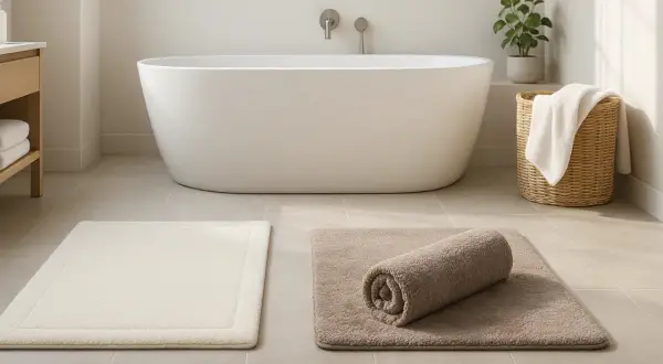 Salle de bain moderne avec baignoire. Deux tapis de bain, un beige roulé, un blanc. Apprenez comment laver un tapis de bain pour une propreté impeccable.