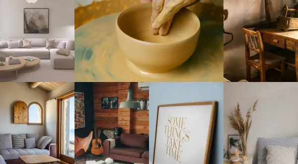 Mise en scène de pièces chaleureuses et artisanales, évoquant le **slow design**. Un atelier de potier, un salon cosy, une chambre paisible.
