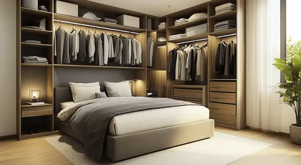 Chambre moderne avec dressing intégré, lit douillet et rangements optimisés.