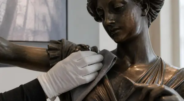 Une main gantée nettoie délicatement un buste en bronze. Le bicarbonate de soude est un excellent produit pour nettoyer le bronze.