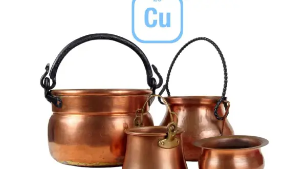 Quatre chaudrons en cuivre de tailles variées, avec des poignées en fer noir. Le symbole chimique Cu est affiché. Comment savoir si c'est du cuivre ?