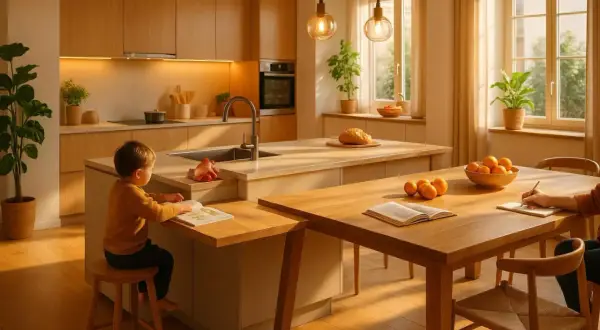 Enfant lisant à côté d'un îlot de cuisine moderne, table en bois avec des fruits et des livres.