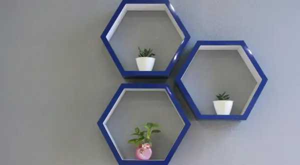 Comment disposer 3 étagères murales hexagonales bleues avec des plantes vertes sur un mur gris.