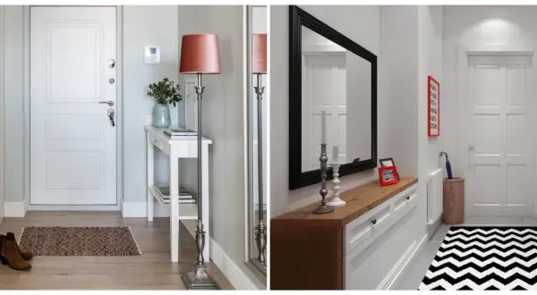Idées pour aménager une entrée couloir : tapis, console, miroir, lampadaire et porte.