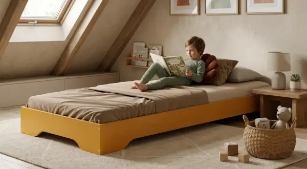 Enfant lisant un livre dans une chambre mansardée avec un lit bas et une fenêtre de toit.