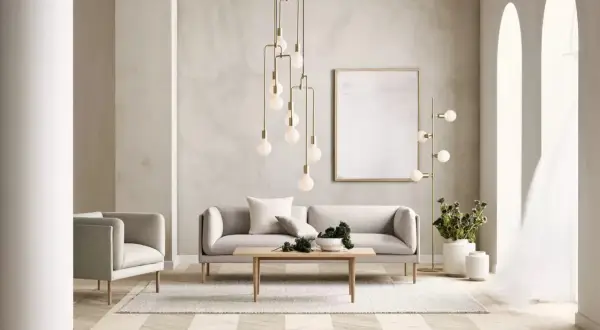 Salon moderne avec canapé gris, fauteuil, table basse en bois et un lustre spectaculaire en laiton matiere.