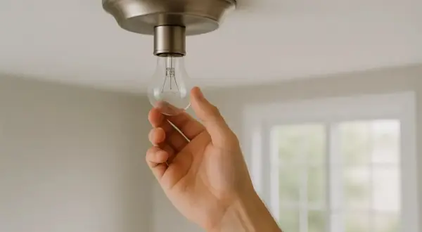 Main tenant change une ampoule classique car le plafonnier LED ne fonctionne plus.